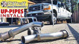 2001 F350 73  RiffRaff UpPipes Install  Stock up pipes leaking and falling apart JUNK SP [upl. by Ashil797]