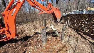 Kubota L4701 amp BH92 Backhoe Clearing Trees Removing Small Stumps amp Finishing The Grade [upl. by Dorej]