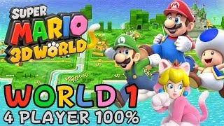 Super Mario 3D World  World 1 4Player 100 walkthrough [upl. by Asamot]